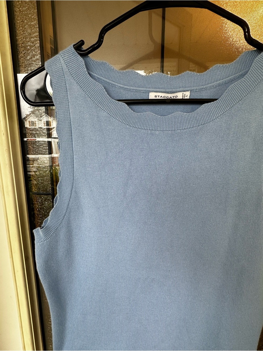 Staccato Light Blue Ribbed Sleeveless Knit Tank Scalloped Edge - L